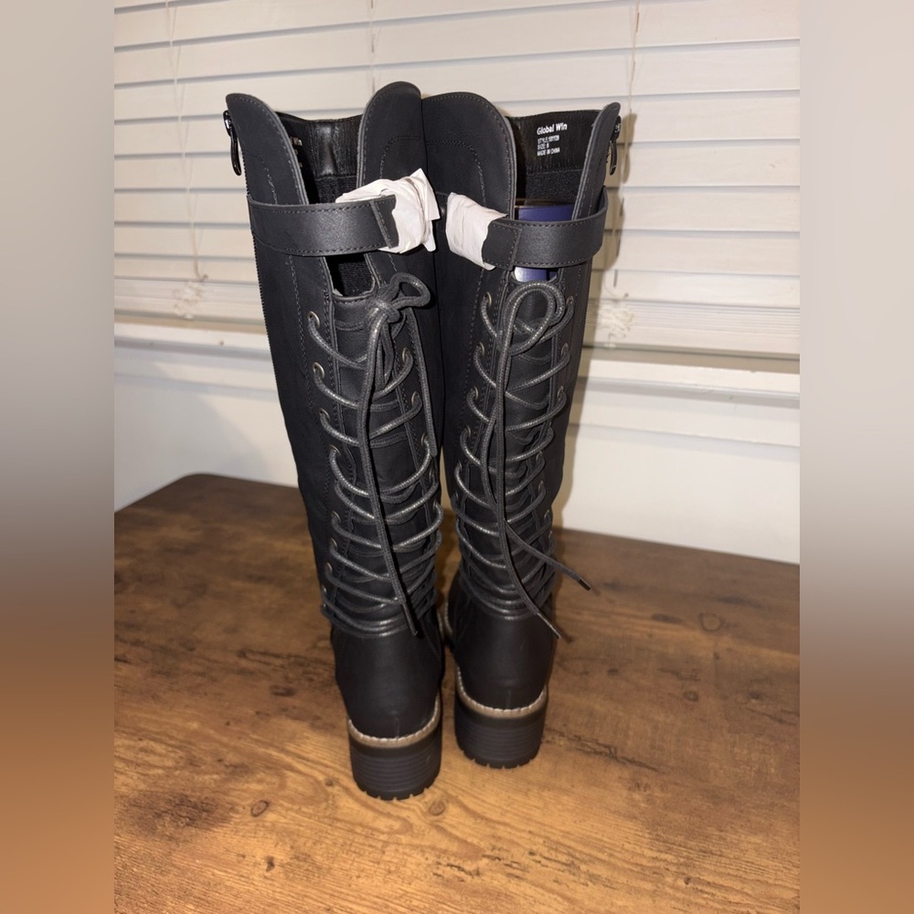 NWOT Global Win Black Lace-Up Knee High Boots - Picture 7 of 13
